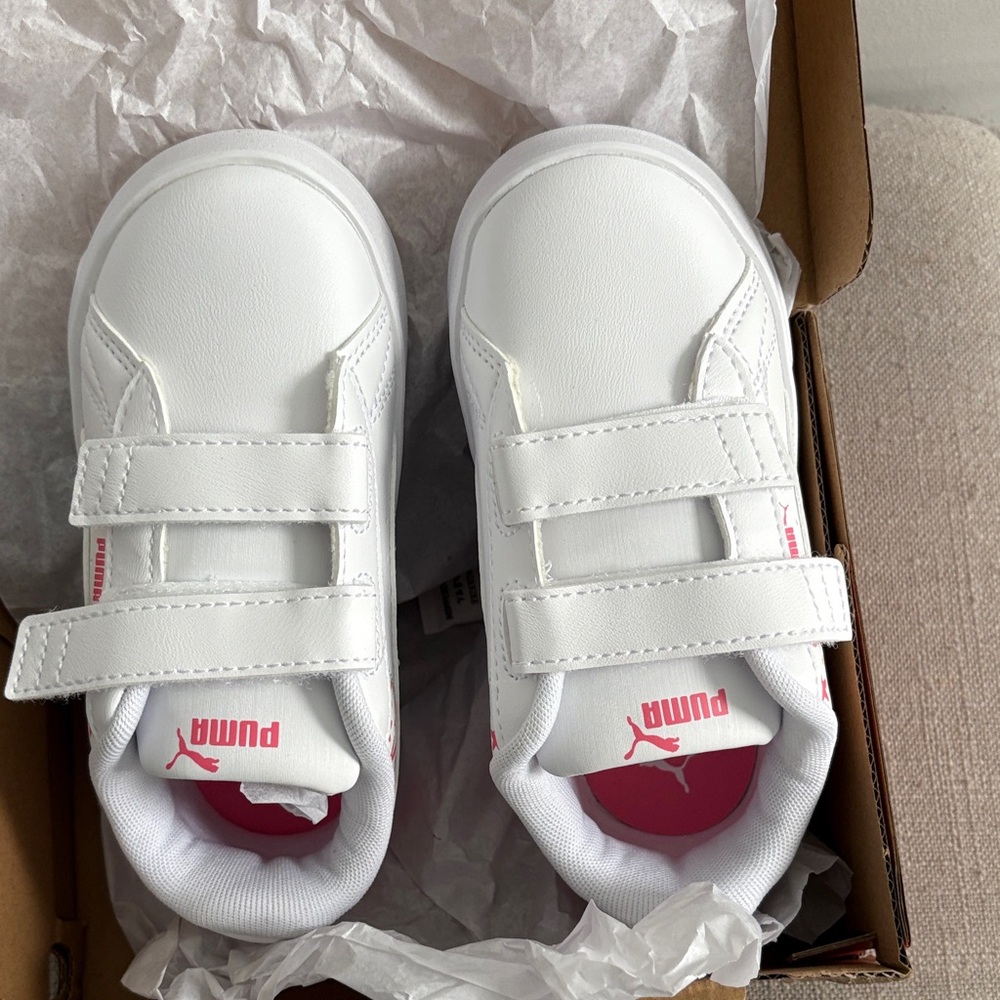 Puma Kids White Sneakers with Pink and Orange Accents